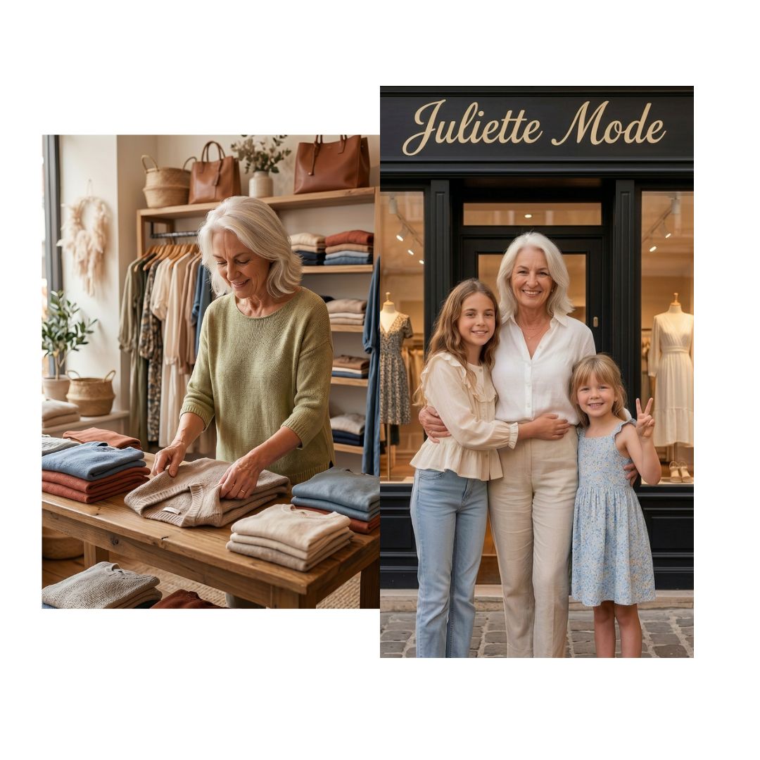 Juliette Mode, boutique de mode féminine en France – préparation des collections et façade du magasin