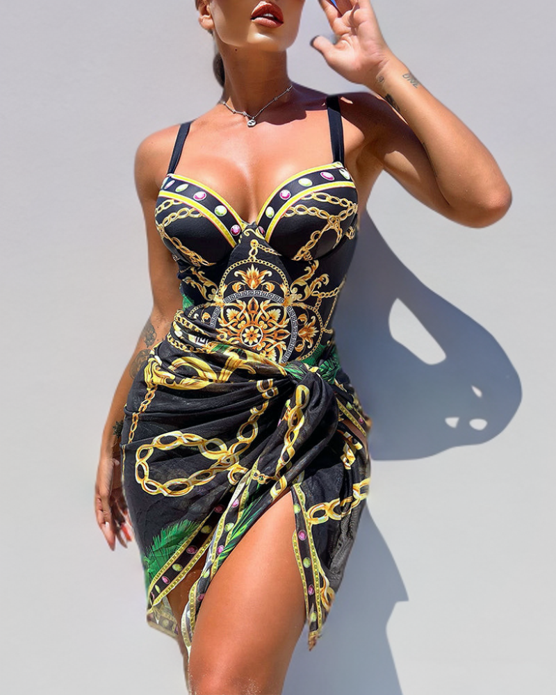 Delphine - Maillot de bain une pièce avec effet push-up et jupe de plage assortie - Juliette Mode