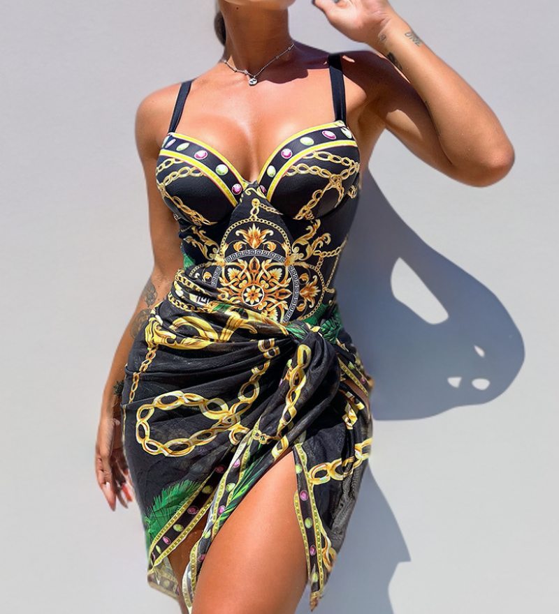 Delphine - Maillot de bain une pièce avec effet push-up et jupe de plage assortie - Juliette Mode