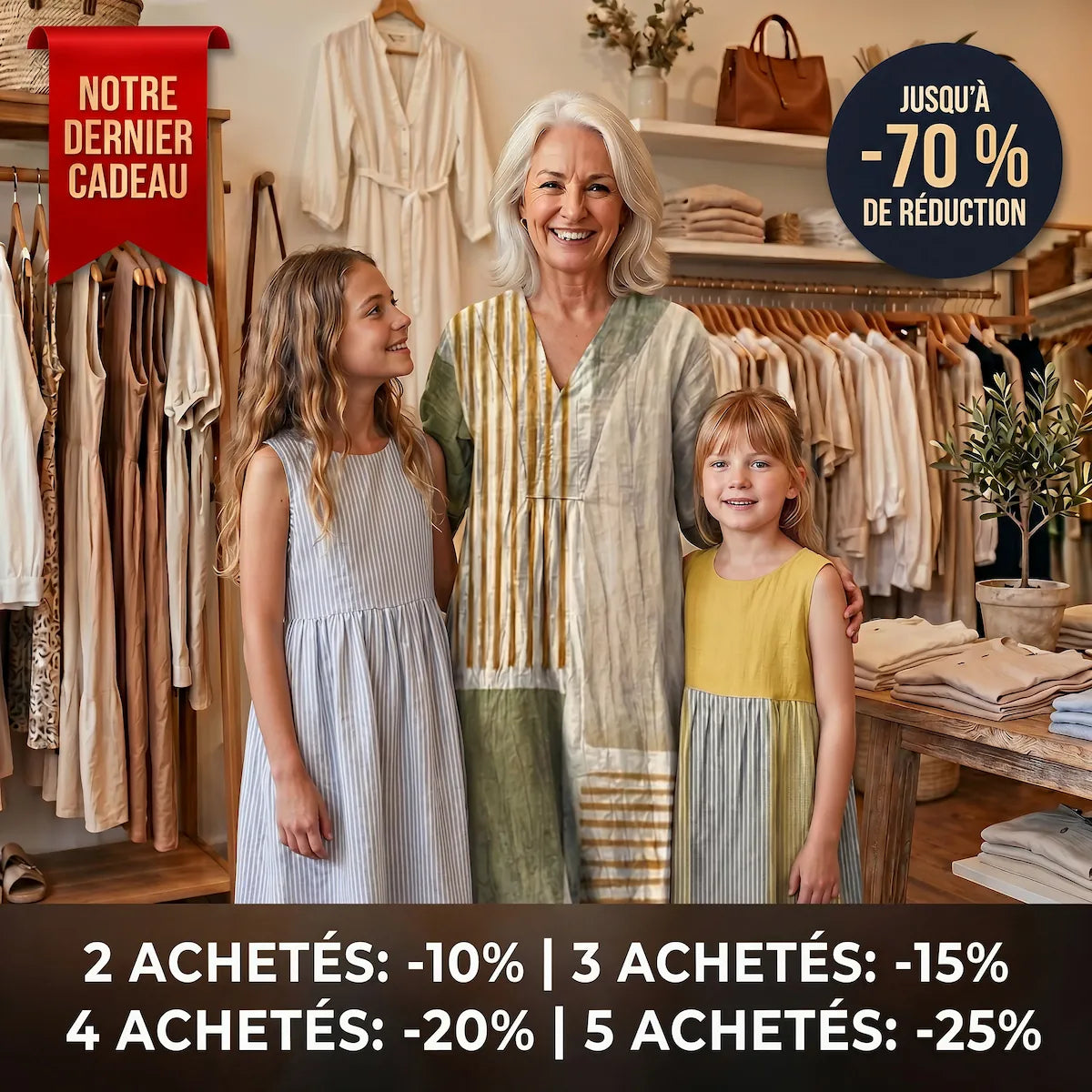 Bannière de la collection de robes d'été Juliette Mode avec jusqu'à 70 % de réduction et remises par quantité.
