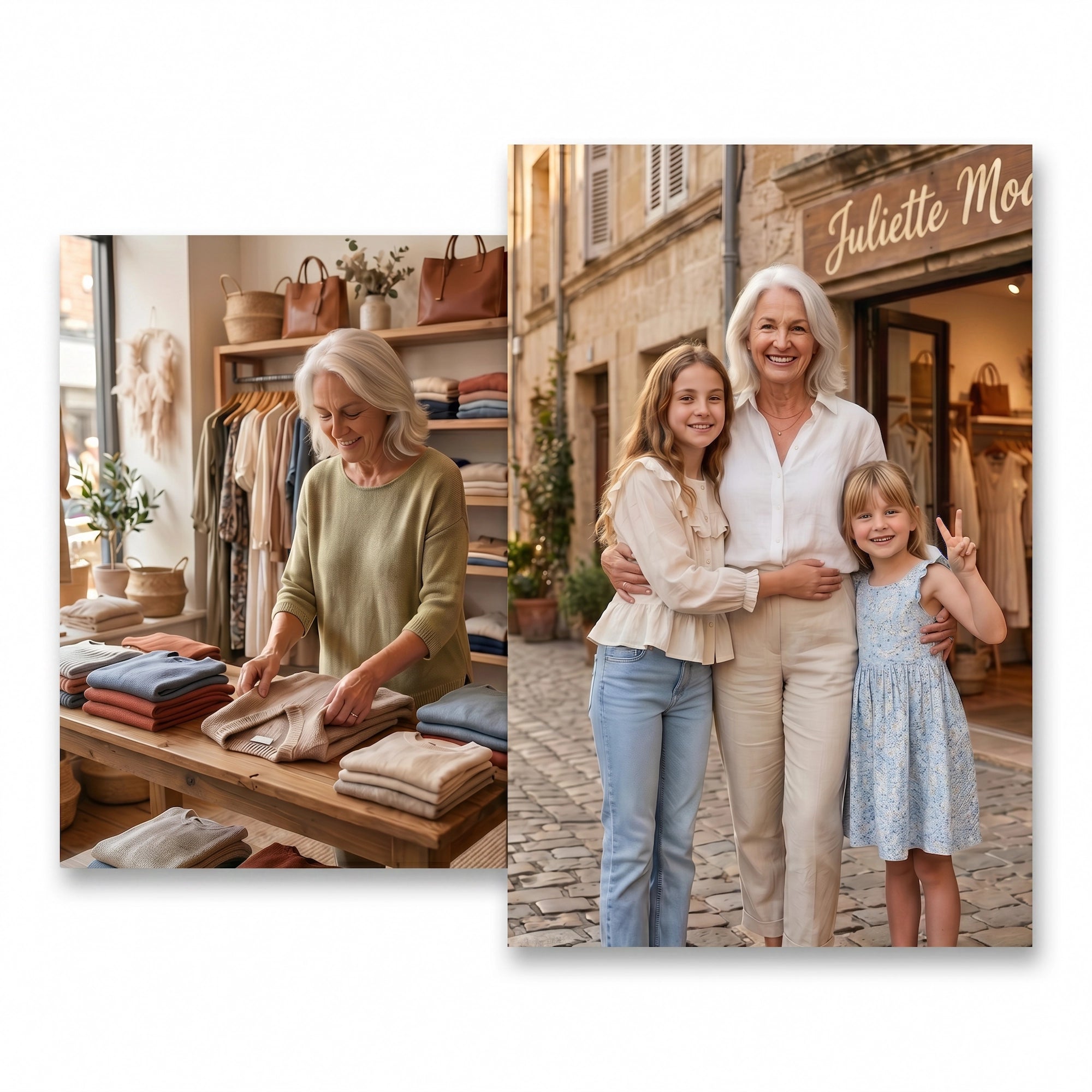 Fondatrice de Juliette Mode accueillant les clientes et préparant les commandes dans la boutique de mode féminine.