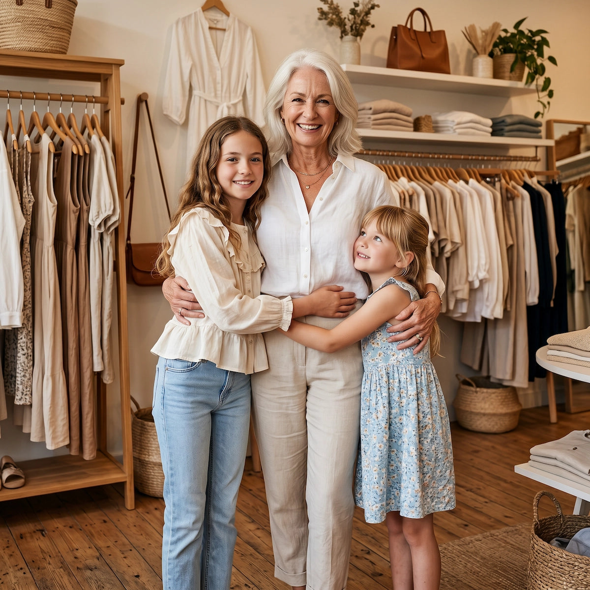 Intérieur de la boutique Juliette Mode avec la fondatrice présentant la collection de mode féminine.