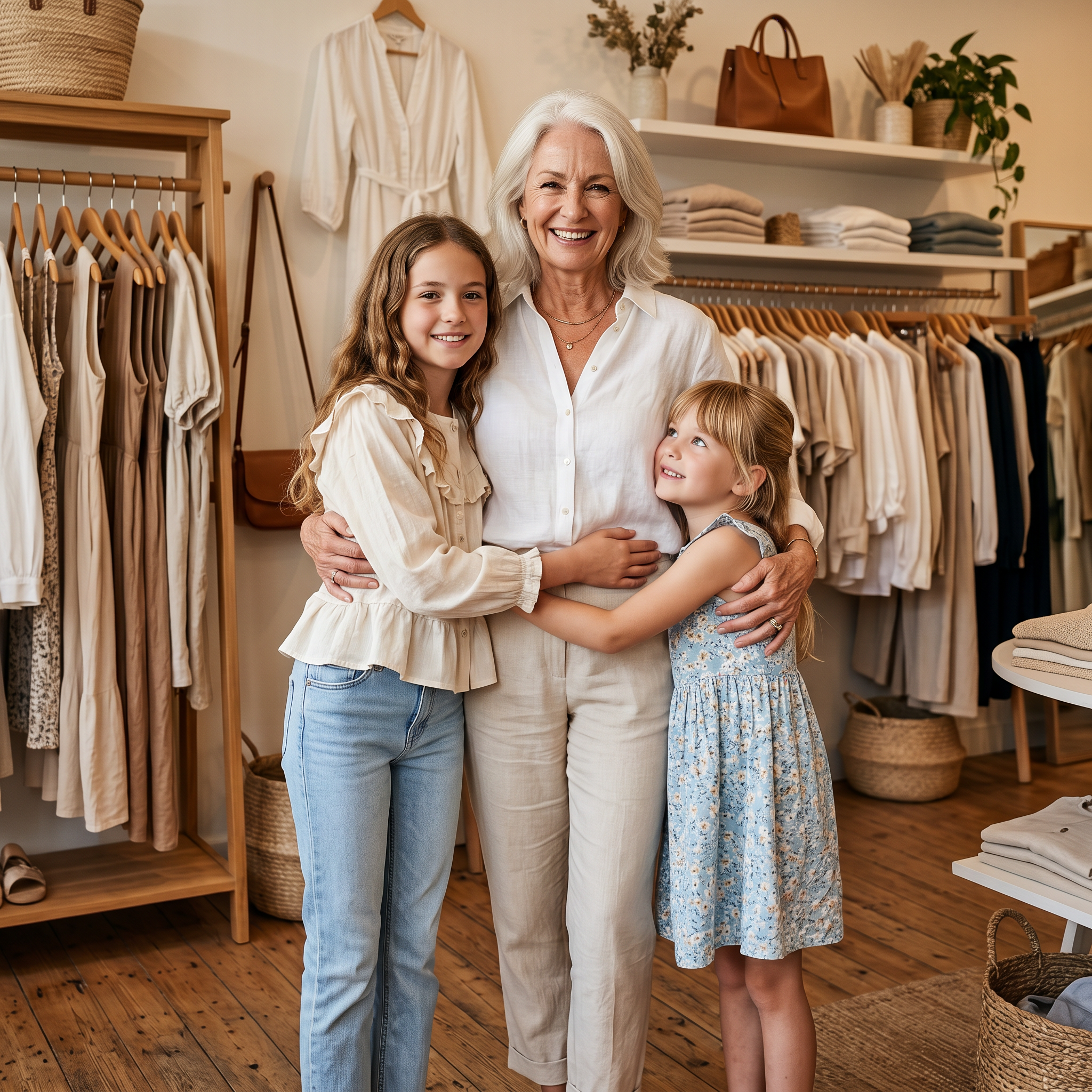 Intérieur de la boutique Juliette Mode avec la fondatrice accueillant les clientes et présentant la collection de mode féminine.