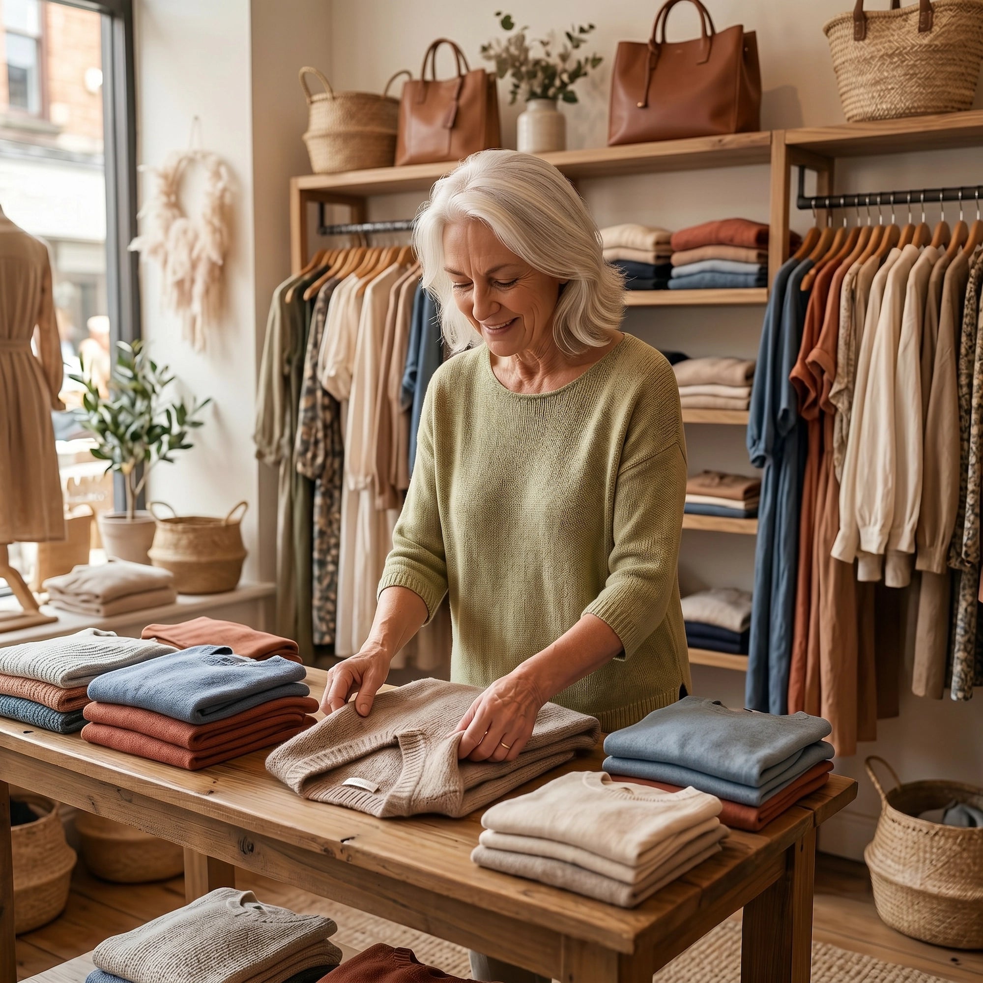 Juliette dans sa boutique, préparant les dernières pièces de sa collection avec soin